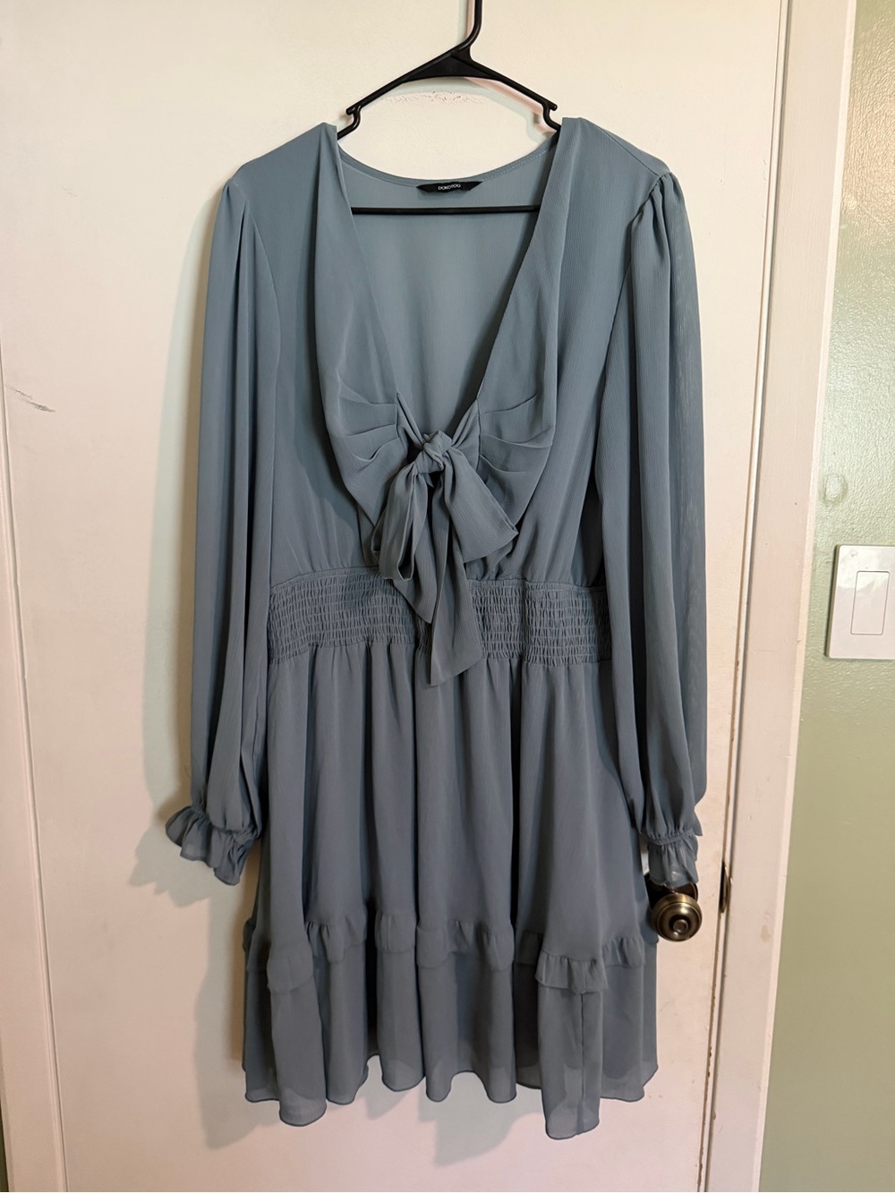 Long Sleeve Smocked Waist Dress in Dusty Blue